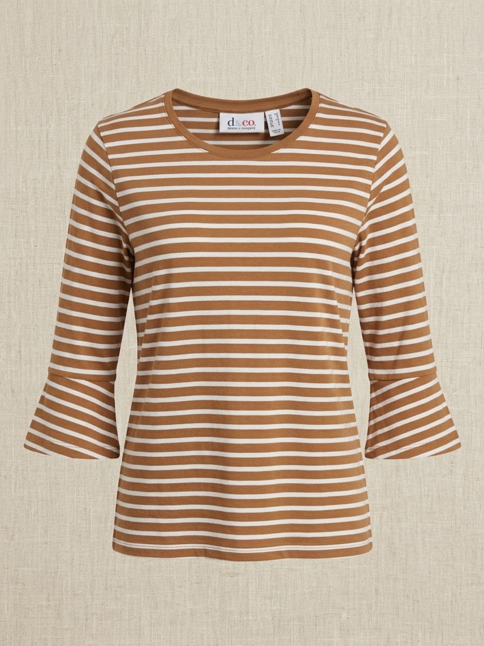Denim&Co Tan and White Striped Bell-Sleeve Top